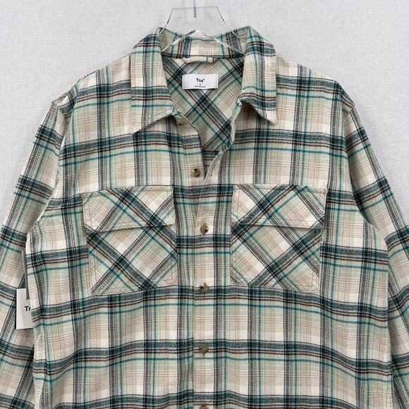 ARITZIA TNA Plaid Oversized Shirt Women S Cream Blue Fiona Button Up Shacket NEW - Picture 3 of 13